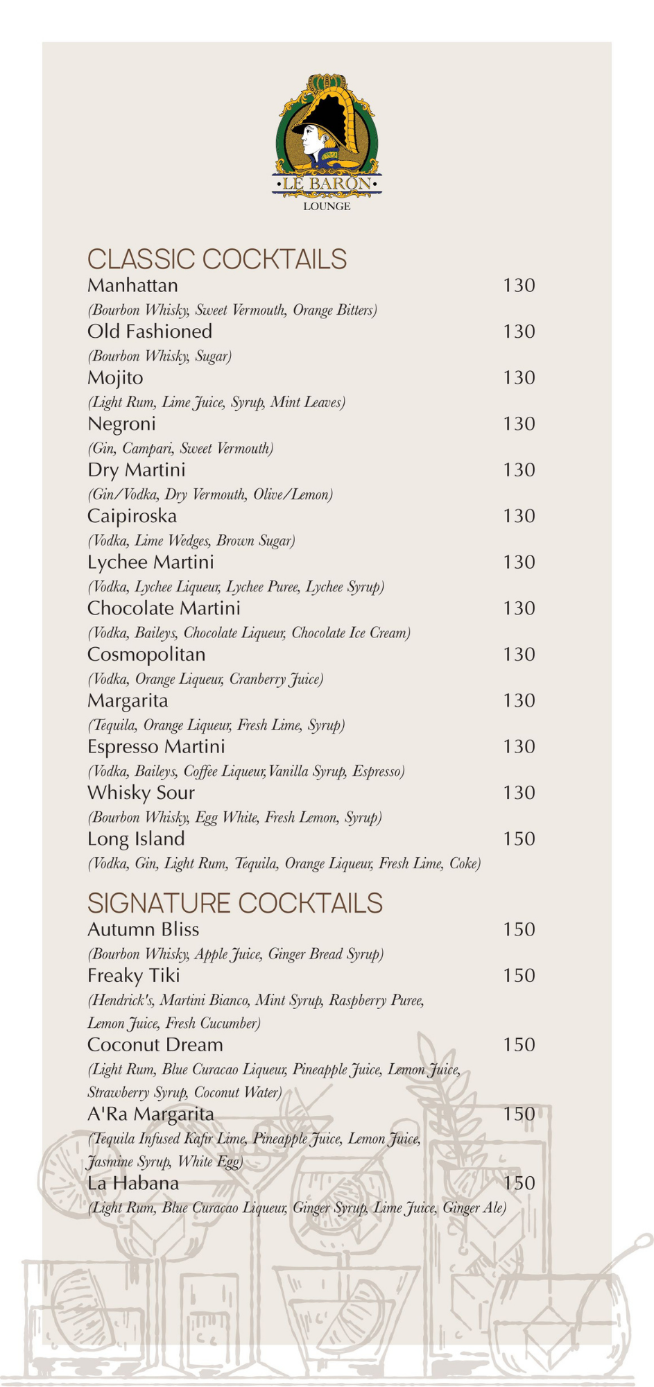 Le Baron Lounge cocktail menu: classics and signatures
