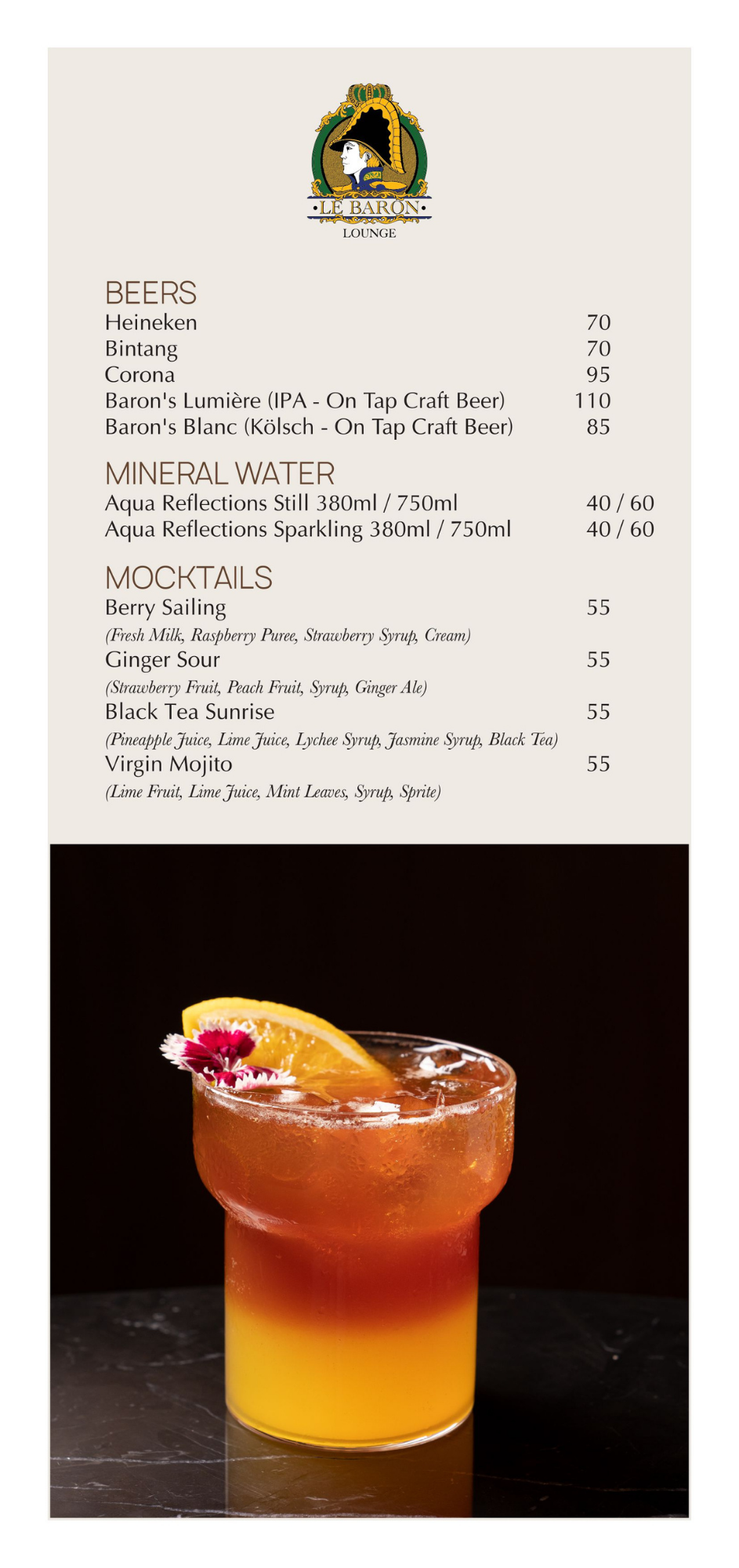 Le Baron Lounge menu: draft beers, water and mocktails