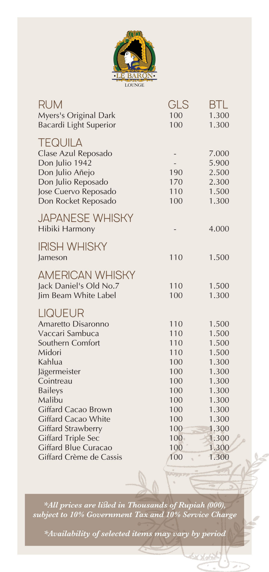 Le Baron Lounge spirits menu: rum, tequila, whisky and liqueurs